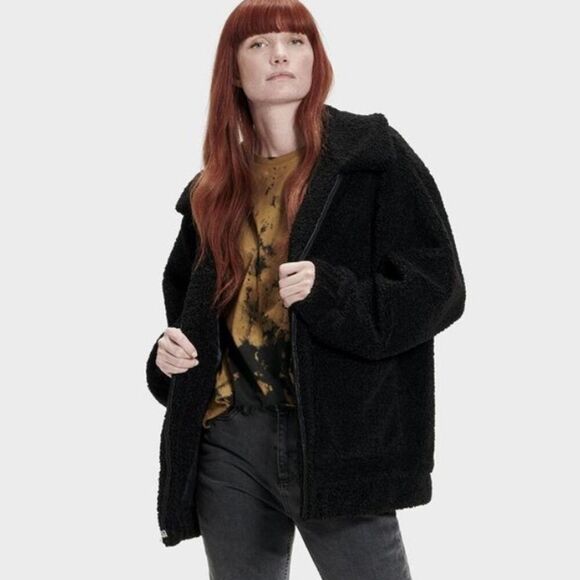 UGG JACKELINE TEDDY BEAR FAUX FUR JACKET BLACK